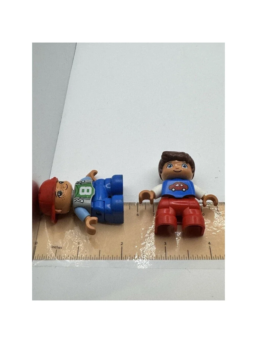 LEGO Duplo Boy Figures Lot of 2 Red Baseball Cap Car Shirt Number 8 Jersey